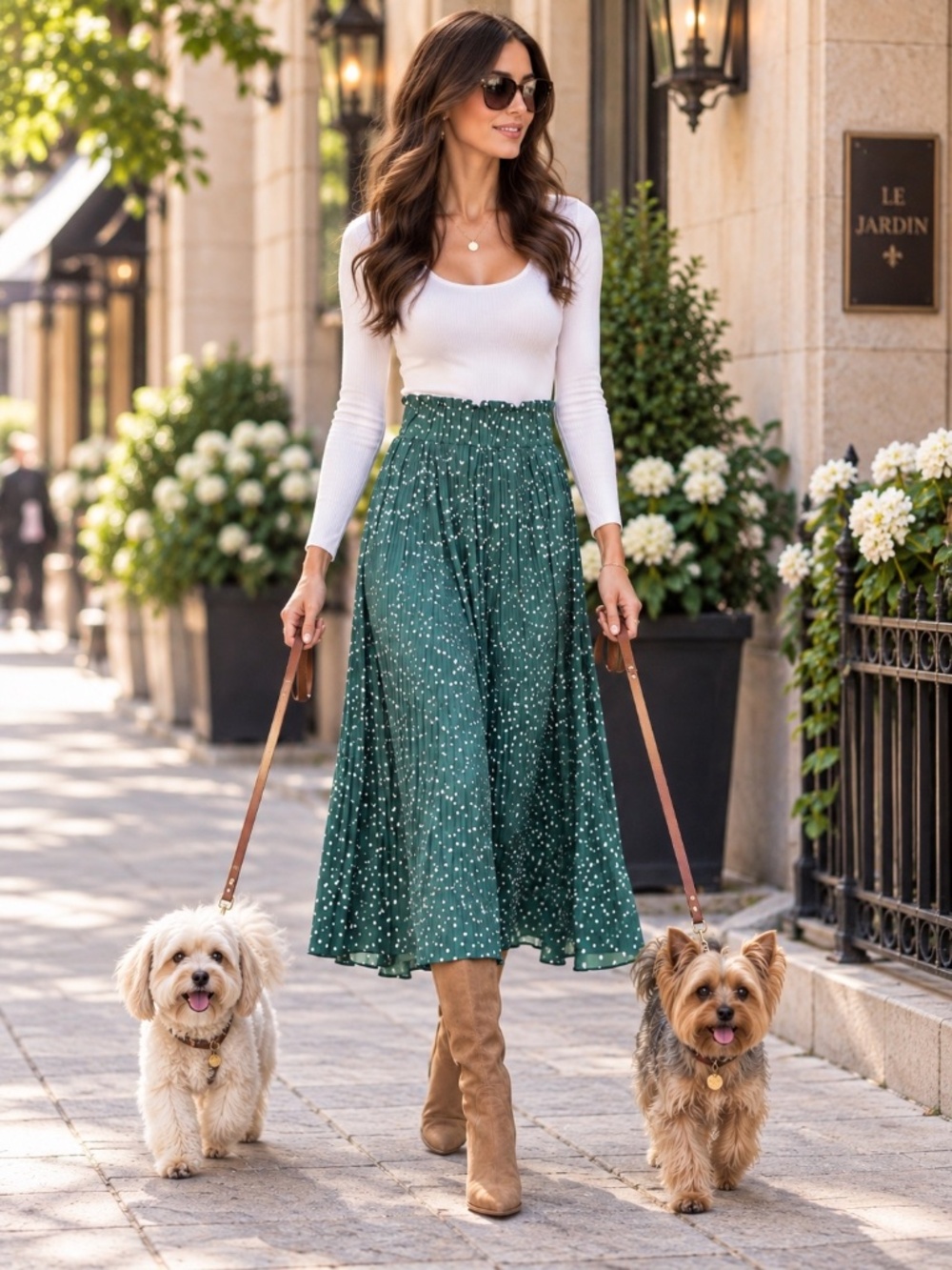 EXLURA Dark Teal Green Polka Dot Pleated Midi Skirt Size M